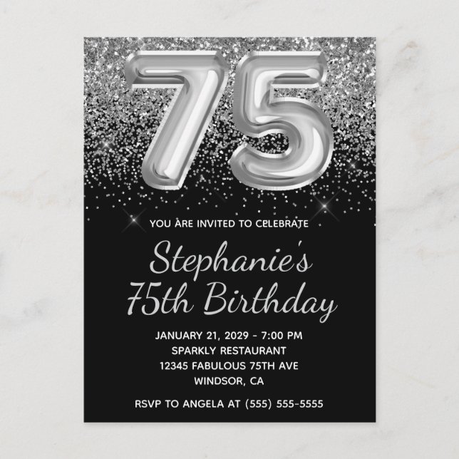 Sparkly Silver Glitter Black Balloon 75th Birthday Invitation Postcard (Front)