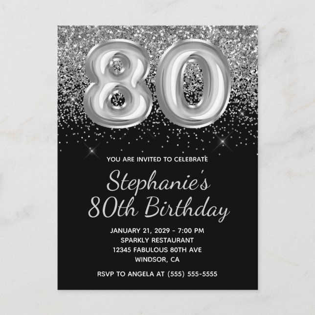 Sparkly Silver Glitter Black Balloon 80th Birthday Invitation Postcard (Front)