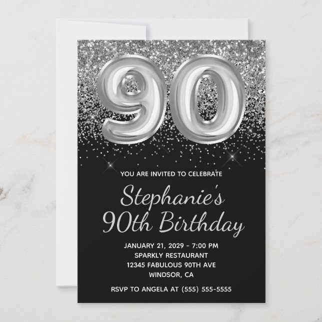 Sparkly Silver Glitter Black Balloon 90th Birthday Invitation (Front)