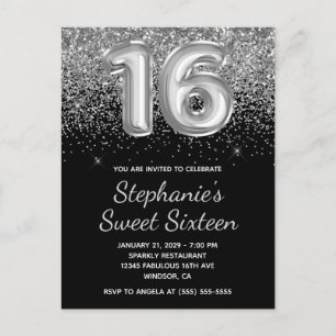 Sparkly Silver Glitter Black Balloon Sweet Sixteen Invitation Postcard