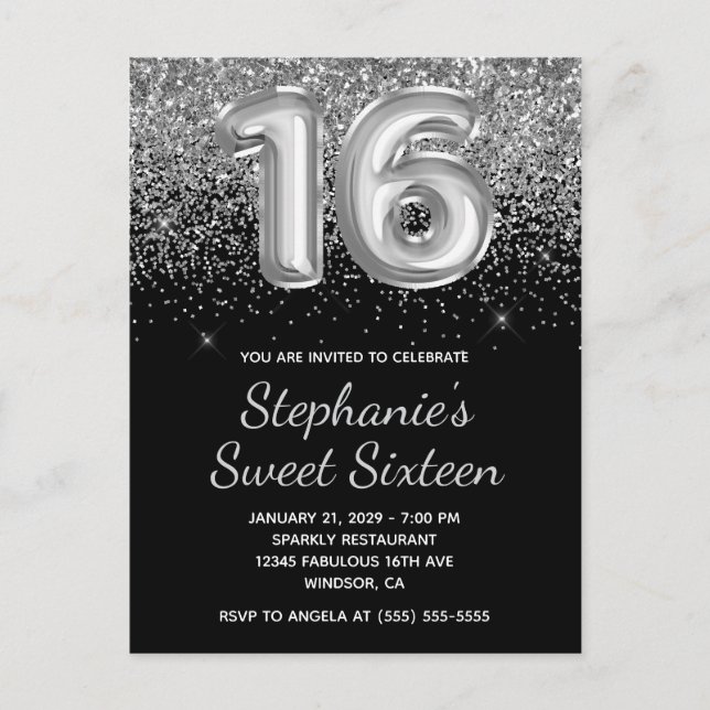 Sparkly Silver Glitter Black Balloon Sweet Sixteen Invitation Postcard (Front)