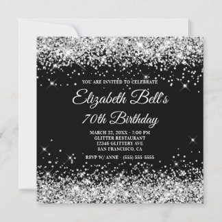 Sparkly Silver Glitter Black Color 70th Birthday Invitation