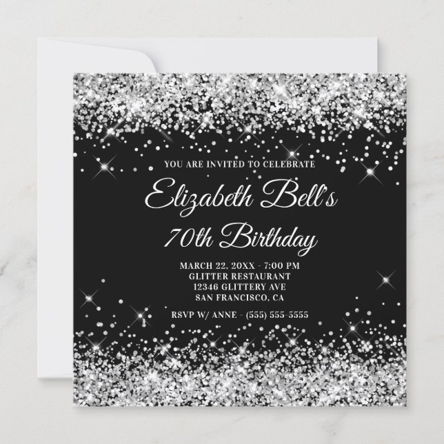 Sparkly Silver Glitter Black Color 70th Birthday Invitation (Front)