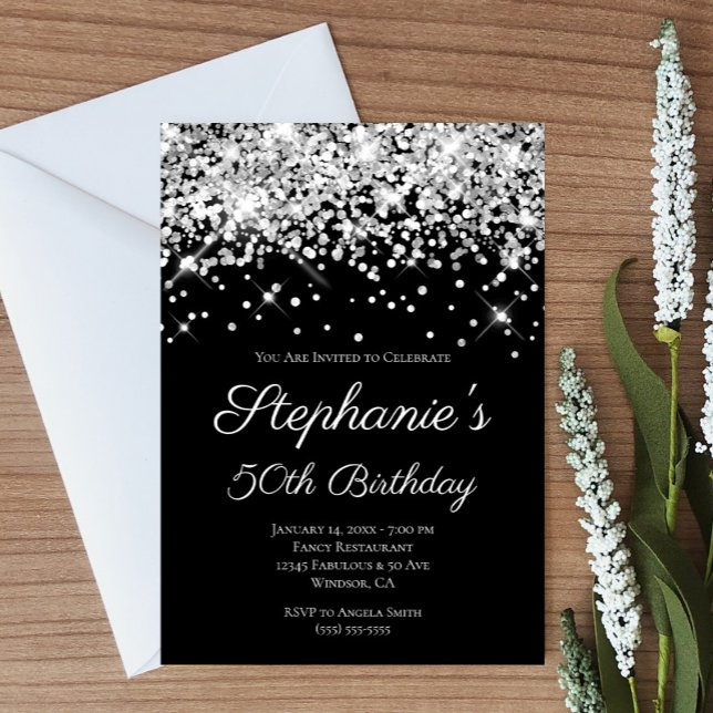 Sparkly Silver Glitter Black Elegant 50th Birthday Invitation (Create your own silvery faux glitter and black birthday invitatoin.)