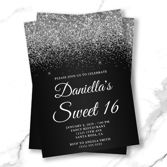 Sparkly Silver Glitter Black Gradient Sweet 16 Invitation (Sparkly Silver Glitter Black Gradient Sweet 16 Invitation
)