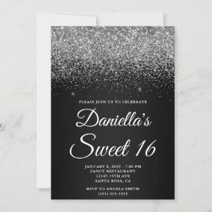 Sparkly Silver Glitter Black Gradient Sweet 16 Invitation