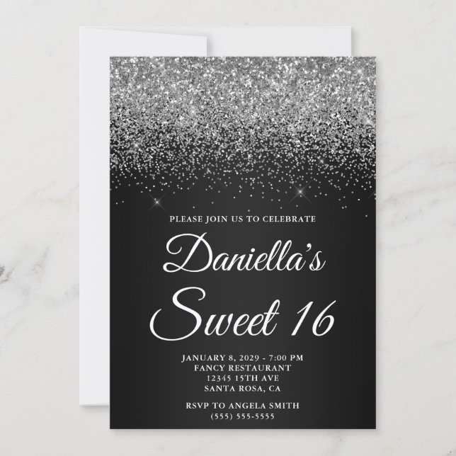 Sparkly Silver Glitter Black Gradient Sweet 16 Invitation (Front)
