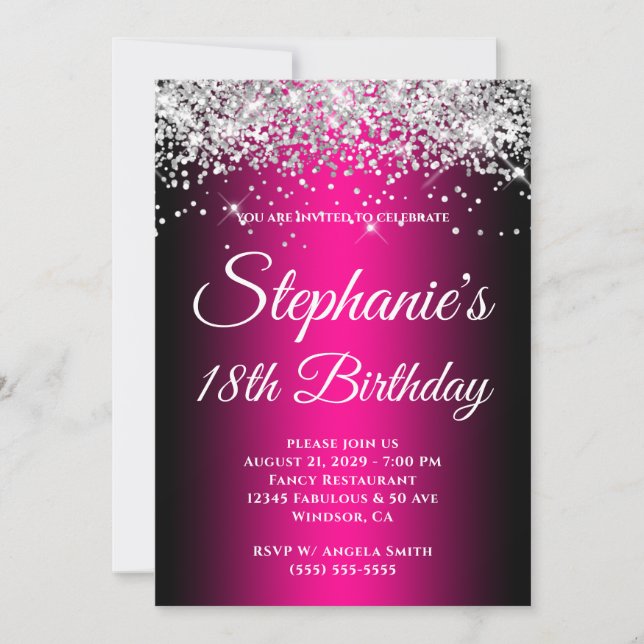 Sparkly Silver Glitter Black Magenta 18th Birthday Invitation (Front)