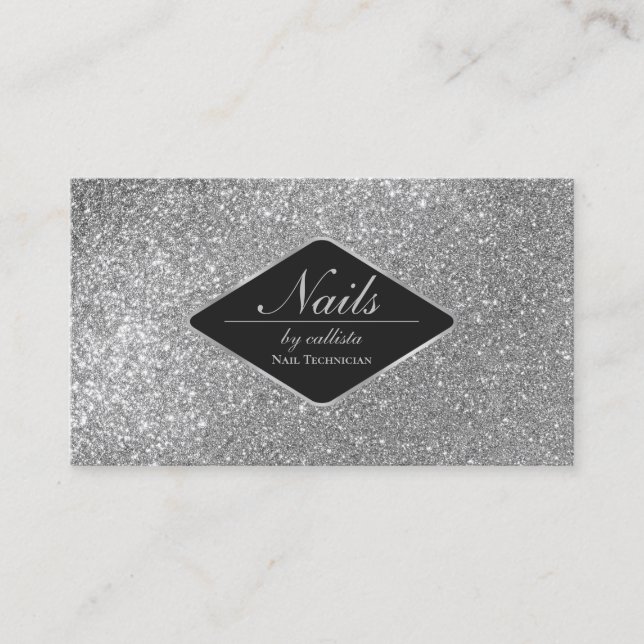 Sparkly Silver Glitter Black Makeup Nails Lash Business Card (Front)