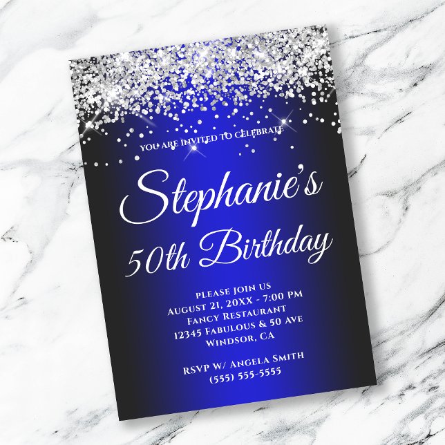 Sparkly Silver Glitter Black Medium Blue Gradient Invitation (Creator Uploaded)
