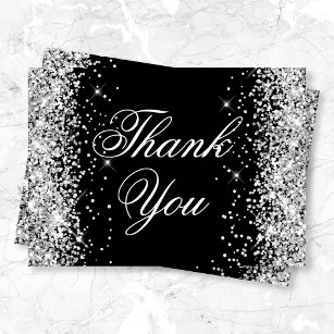 Sparkly Silver Glitter Black Thank You Card