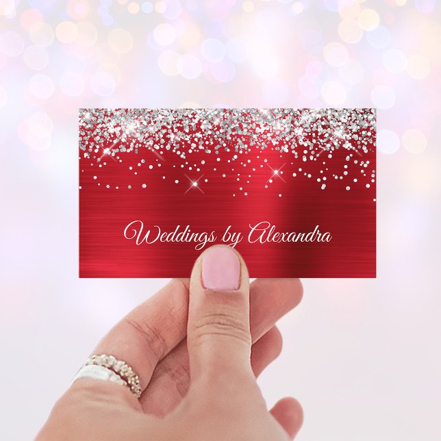 Sparkly Silver Glitter Bright Red Satin Foil Business Card (Silver Glitter Bright Red Satin Foil Business Card)