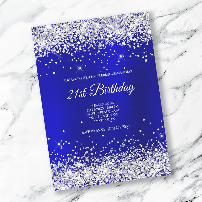 Sparkly Silver Glitter Brushed Blue Satin Foil Invitation (Creator Uploaded)