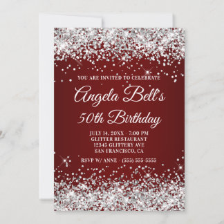 Sparkly Silver Glitter Burgundy 50th Birthday Invitation