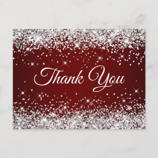 Sparkly Silver Glitter Burgundy Dark Red Thank You Postcard