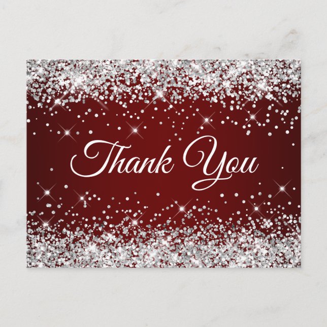 Sparkly Silver Glitter Burgundy Dark Red Thank You Postcard (Front)