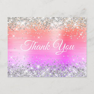 Sparkly Silver Glitter Coral Pink Foil Thank You Postcard
