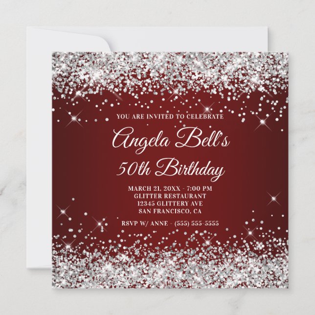 Sparkly Silver Glitter Dark Red 50th Birthday Invitation (Front)
