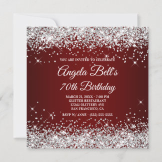 Sparkly Silver Glitter Dark Red 70th Birthday Invitation