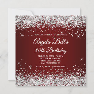 Sparkly Silver Glitter Dark Red 80th Birthday Invitation
