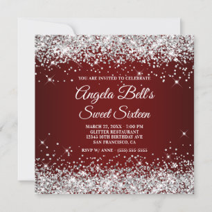 Sparkly Silver Glitter Dark Red Sweet Sixteen Invitation