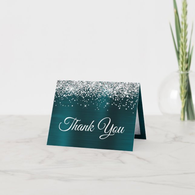 Sparkly Silver Glitter Dark Turquoise Ombre Foil Thank You Card (Front)