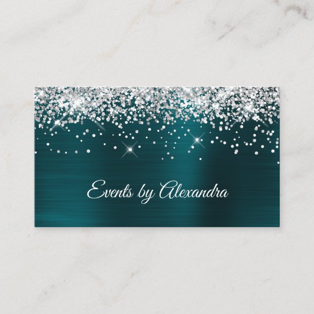 Sparkly Silver Glitter Dark Turquoise Satin Foil Business Card (Front)