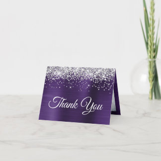 Sparkly Silver Glitter Dark Violet Ombre Foil Thank You Card