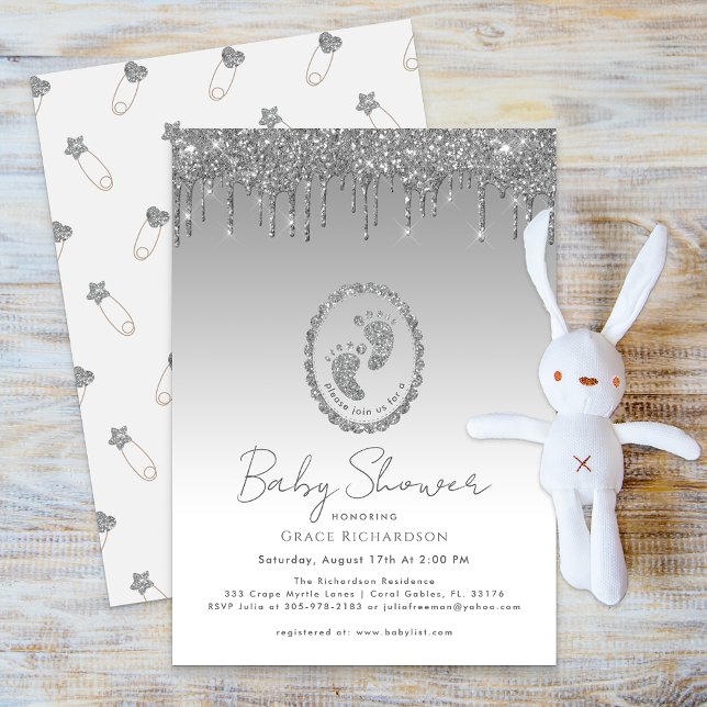 Sparkly Silver Glitter Drip Baby Shower Invitation (Baby Shower Silver Drips & Baby Footprint Invitation)