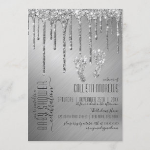 Sparkly Silver Glitter Drips Foot Baby Shower Invitation