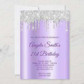 Sparkly Silver Glitter Drips Lavender Ombre Invitation