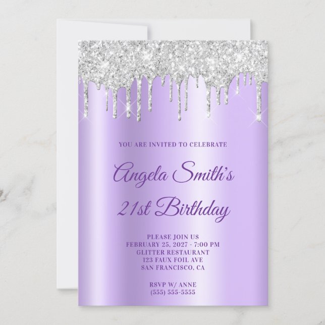Sparkly Silver Glitter Drips Lavender Ombre Invitation (Front)