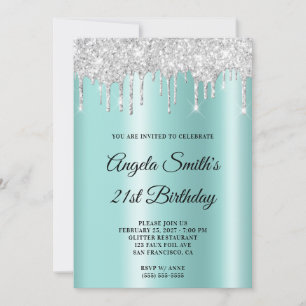 Sparkly Silver Glitter Drips Light Teal Ombre Invitation