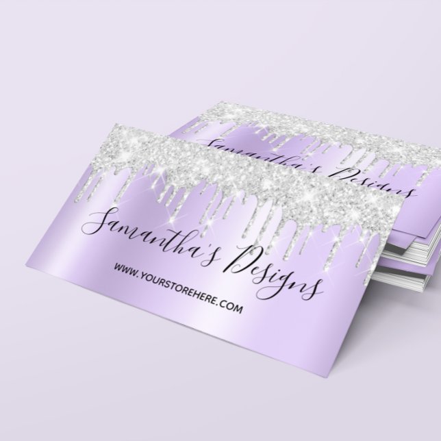 Sparkly Silver Glitter Drips Pale Lavender Ombre Business Card (Sparkly Silver Glitter Drips Pale Lavender Ombre Business Card)