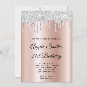 Sparkly Silver Glitter Drips Rose Gold Ombre Invitation