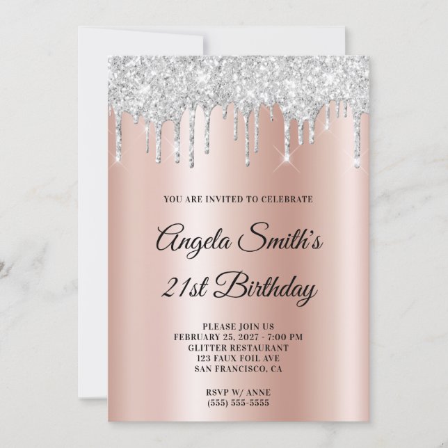 Sparkly Silver Glitter Drips Rose Gold Ombre Invitation (Front)