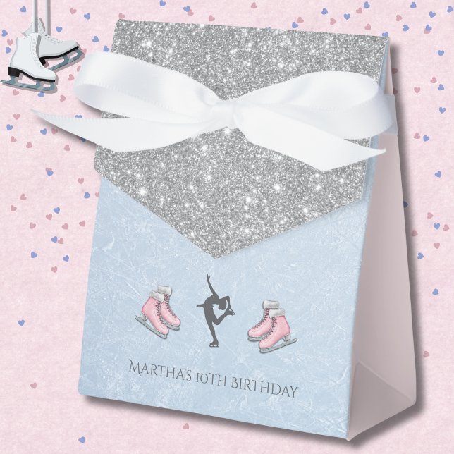 Sparkly Silver Glitter Figure Skater Birthday Favour Box (Elegant Ice Skater Favor Boxes with Silver Glitter and Icy Blue accents)