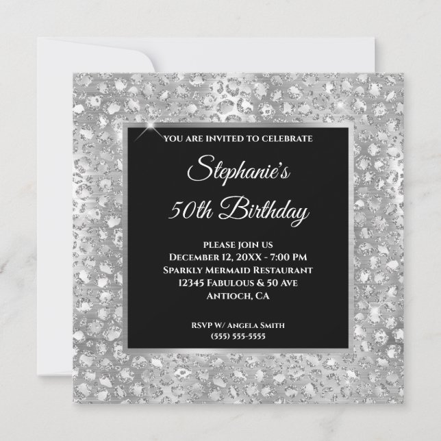Sparkly Silver Glitter Foil Leopard Print Birthday Invitation (Front)