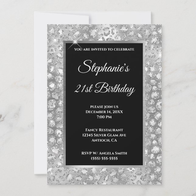 Sparkly Silver Glitter Foil Leopard Print Birthday Invitation (Front)