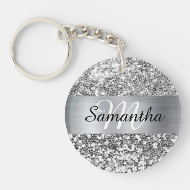 Sparkly Silver Glitter Foil Personalised Monogram Key Ring (Front)