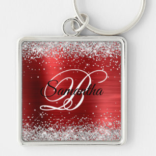 Sparkly Silver Glitter Girly Red Foil Monogram Key Ring