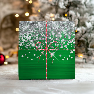 Sparkly Silver Glitter Green Faux Foil Wrapping Paper Sheet