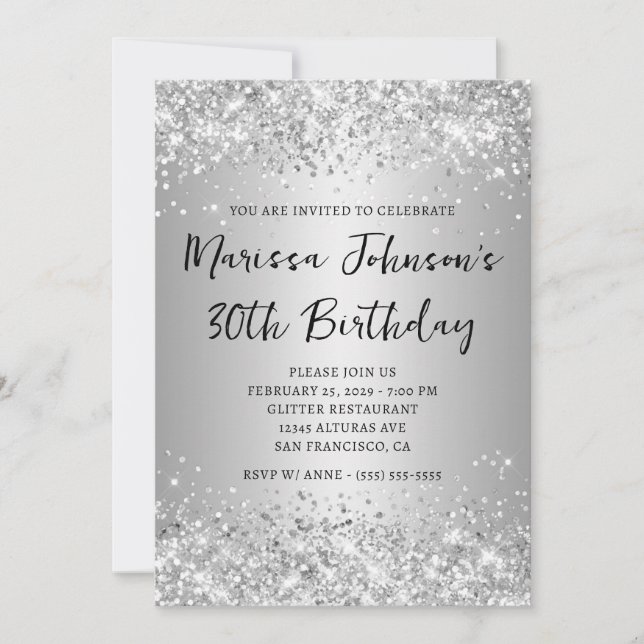 Sparkly Silver Glitter Grey Ombre 30th Birthday Invitation (Front)