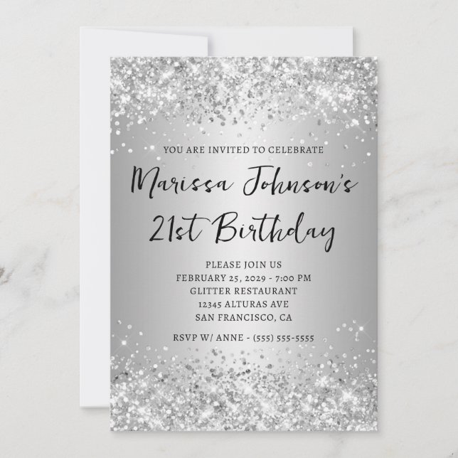 Sparkly Silver Glitter Grey Ombre Invitation (Front)