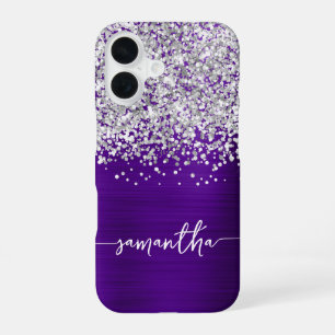 Sparkly Silver Glitter Indigo Purple Glam Name iPhone 16 Case