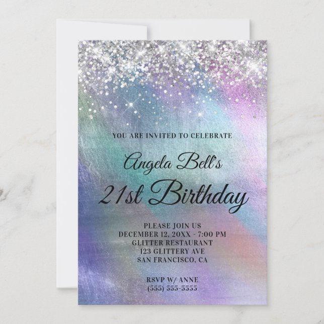 Sparkly Silver Glitter Iridescent Foil Birthday Invitation (Front)