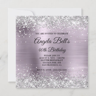 Sparkly Silver Glitter Lavender Foil 40th Birthday Invitation