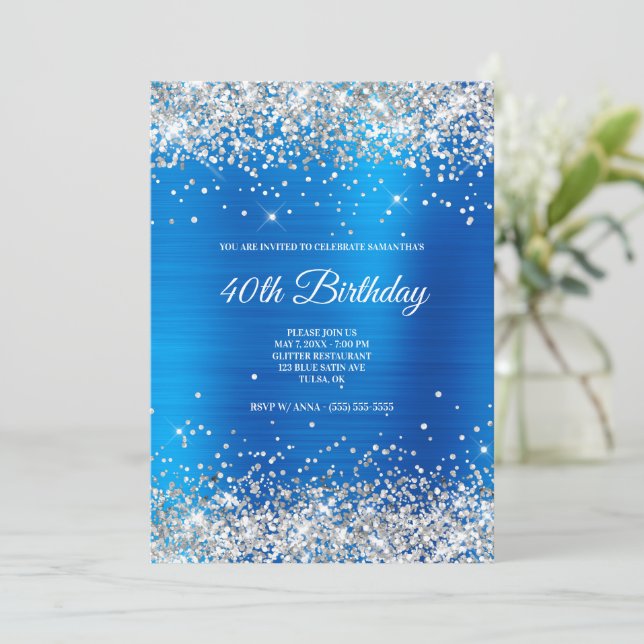 Sparkly Silver Glitter Light Blue Satin Foil Invitation (Standing Front)