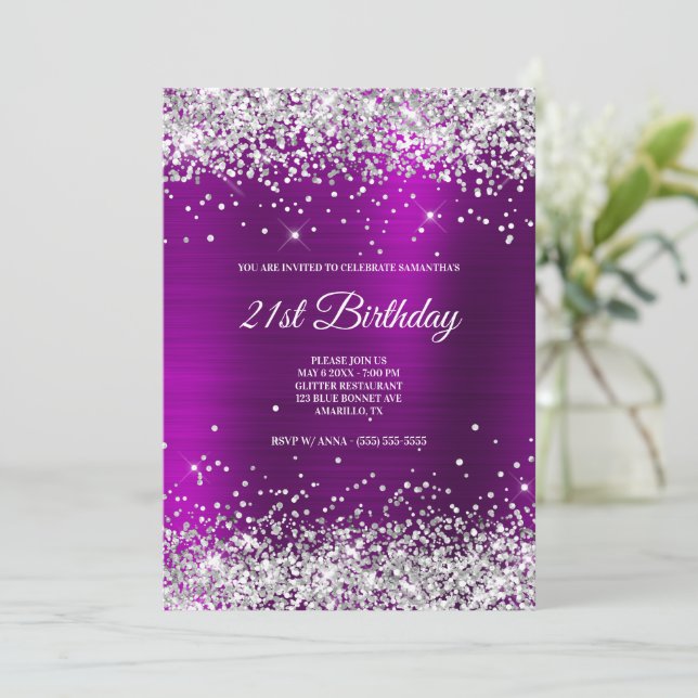 Sparkly Silver Glitter Magenta Purple Satin Foil Invitation (Standing Front)