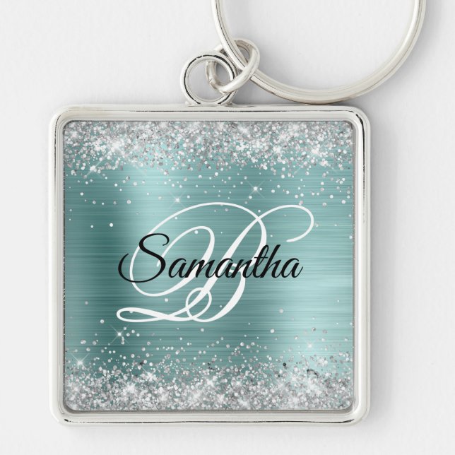 Sparkly Silver Glitter Mint Teal Foil Monogram Key Ring (Front)